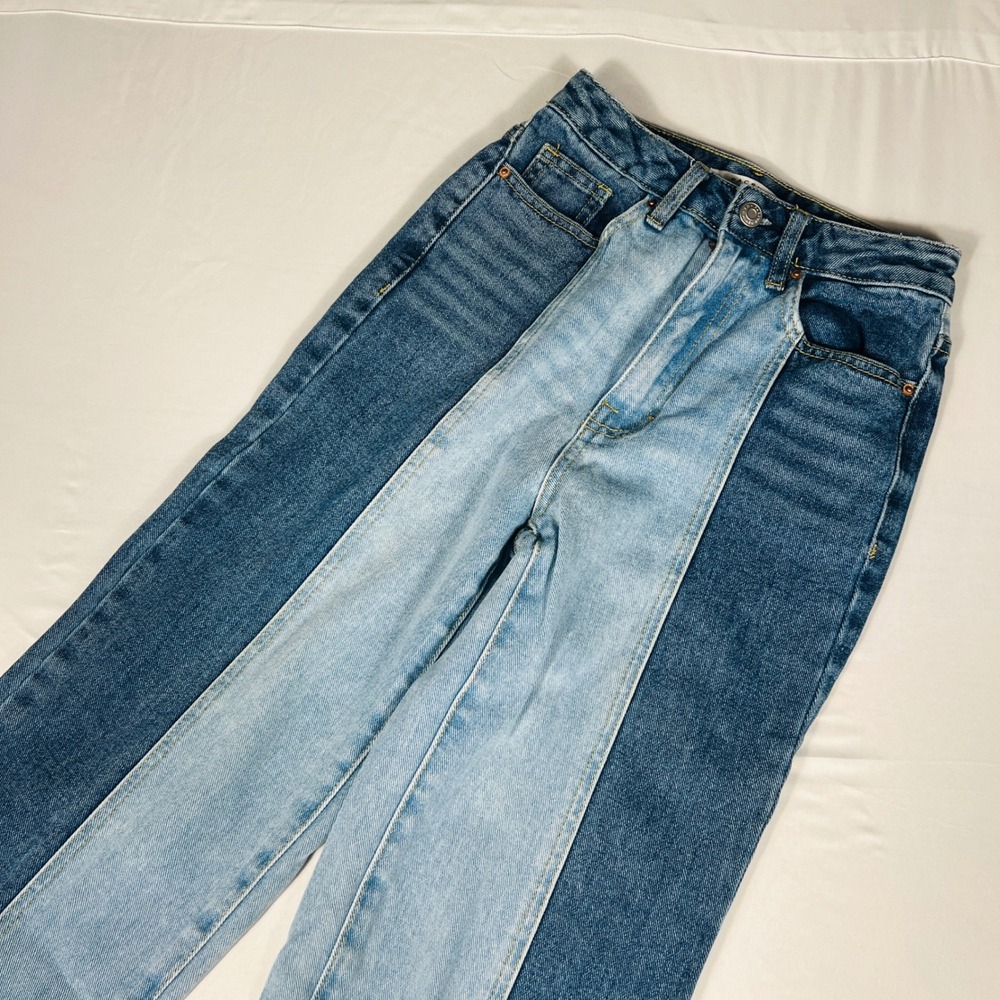 PacSun Two Tone Blue Panel High Waisted Straight Leg Jeans Womens Hemmed Cuffed